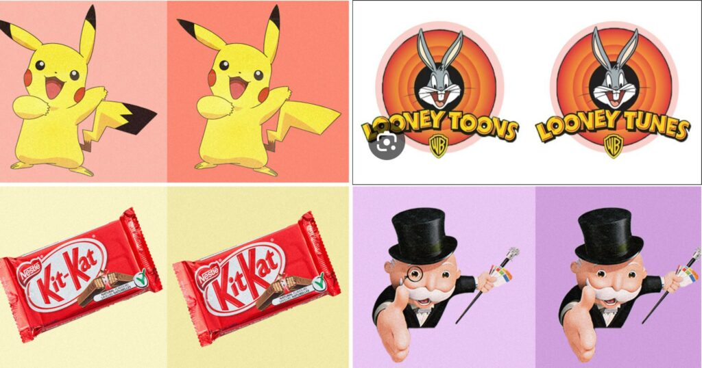 Illustration regroupant plusieurs exemples d’effets Mandela, comme le logo KitKat avec ou sans tiret, Pikachu avec une queue noire, et l'absence de monocle sur le personnage Monopoly.