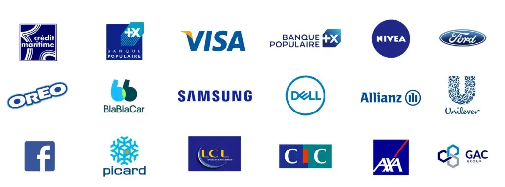 Patchwork de logos bleus illustrant l’influence des couleurs sur la perception, la confiance et la concentration dans le marketing et les applications digitales.