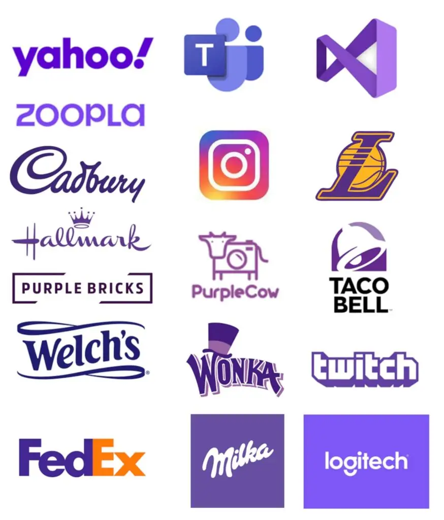 Patchwork de logos violets illustrant comment la couleur violet attire le regard, stimule la créativité et évoque le luxe et la royauté dans le marketing et le design